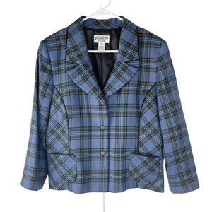 Vintage Pendleton Blue Plaid Virgin Wool Dainty Feminine Cropped Blazer Size 14